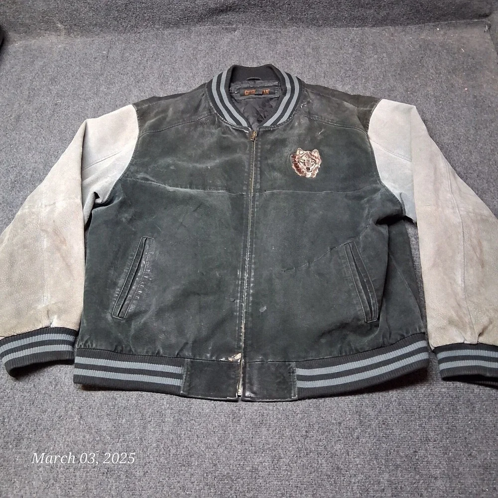 ** VTG Guide Gear Leather Stadium Jacket Wold Embroidered Size XXL Black Gray - Picture 1 of 12
